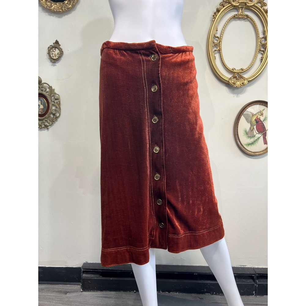 Vintage Beverly Paige Rust Orange Velvet Button-Front Midi Skirt